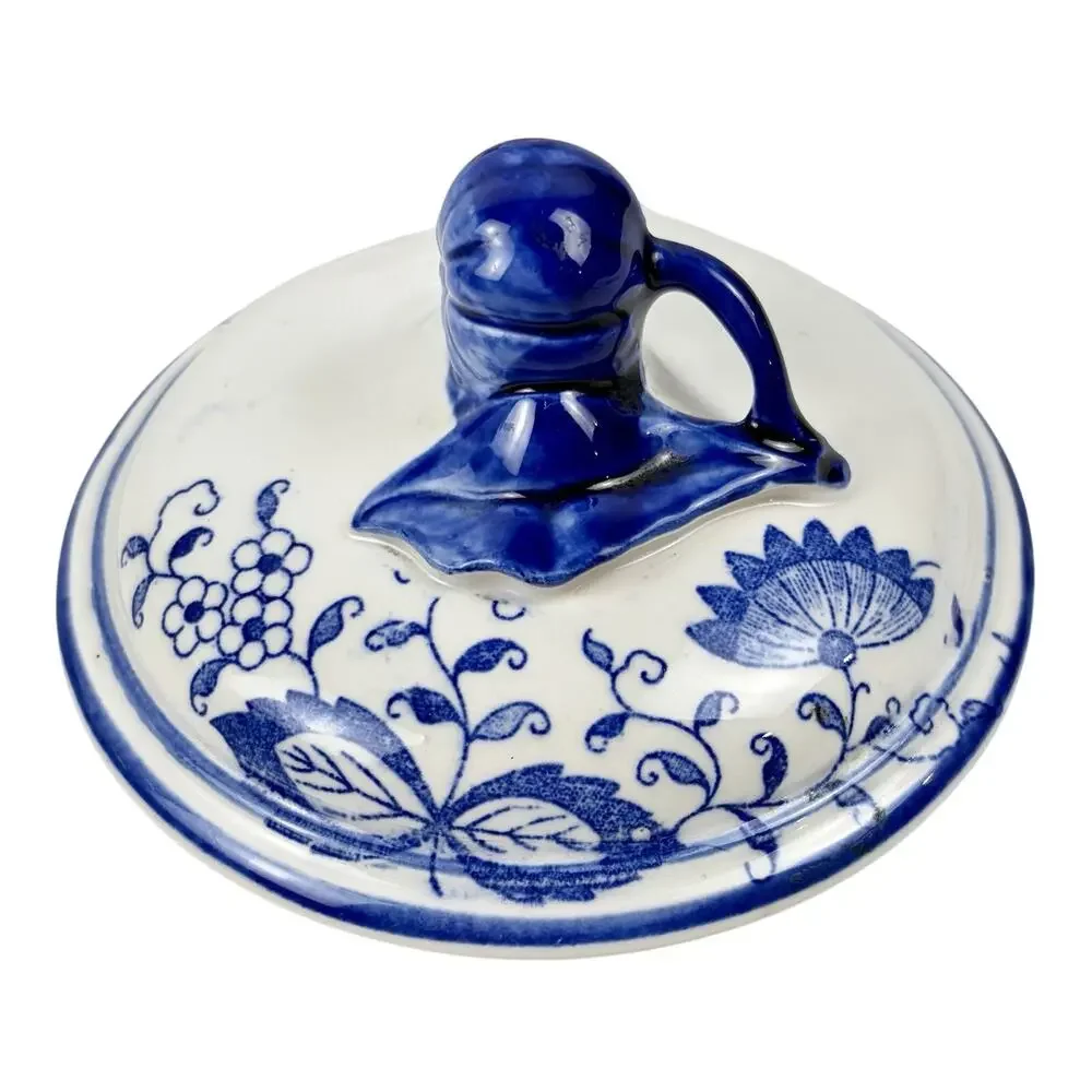 VTG Arnart Blue Onion Danube Ceramic Cookie Canister Jar w/Lid White Floral Blue